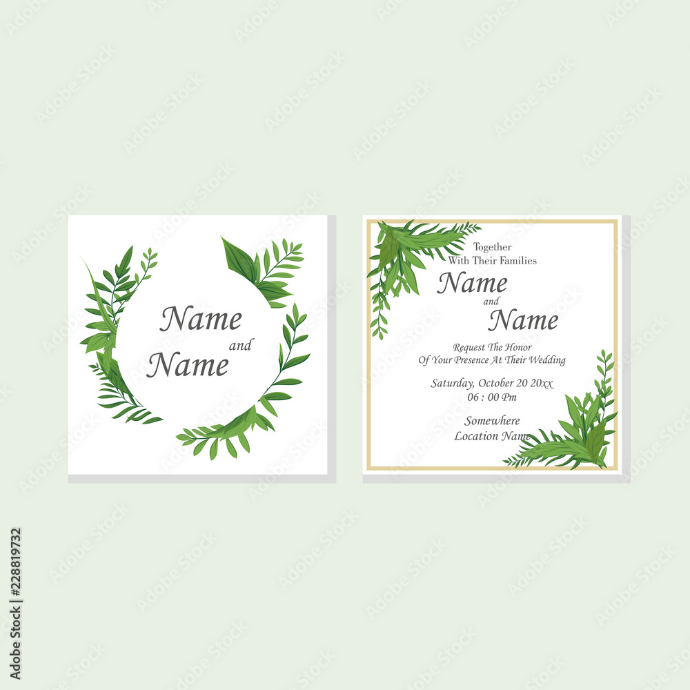 Wedding floral watercolor style double invite, invitation, save the date card design with forest greenery herbs, leaves, branches. Vector natural, botanical, elegant template EPS 10 Vector.