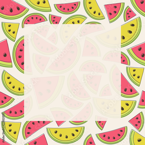 Tropical background with hand drawn watermelons and melons. Vector.