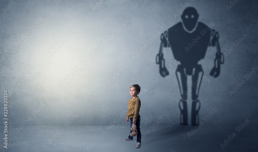 Little boy s self image appear as a big robotman shadow on his background
Little boy s self image appear as a big robotman shadow on his background
