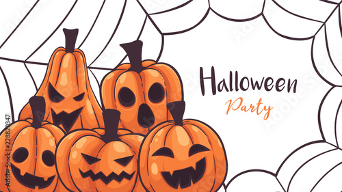 Halloween pumpkins with spider web greeting card vector illustration