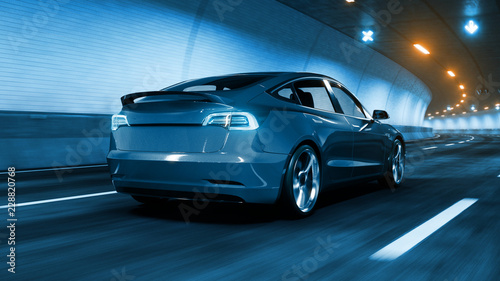Modern Electric car rides through tunnel with warm yellow light 3d rendering