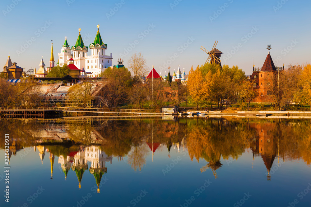 View of Izmailovo Kremlin and Silver-Grape pond in autumn, Moscow, Russia