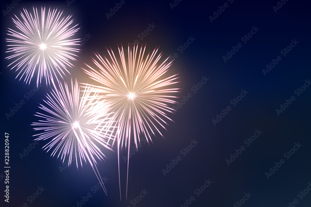 Firework bursts on night sky background. Vector design template for holiday cards, posters or banners.