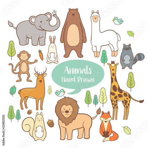 Cute animal set elements in hand drawn  cartoon vector