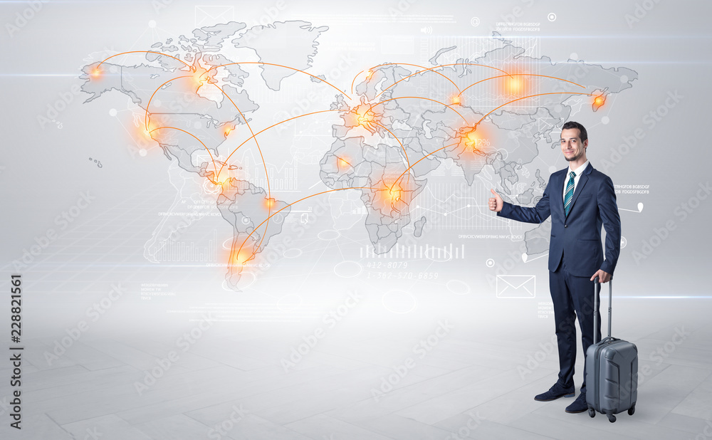 Businessman in dark suit hitchhike to business trip in a front of a map with destination Businessman in dark suit hitchhike to business trip in a front of a map with destination