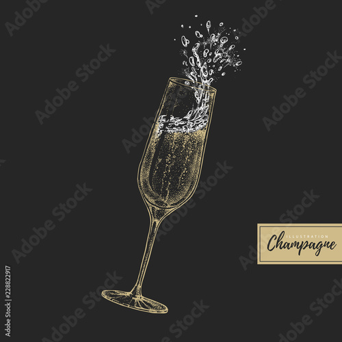 Vector illustration of hand drawing champagne glass with splash