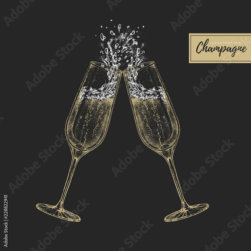 Vector illustration of hand drawing two clinking champagne glasses