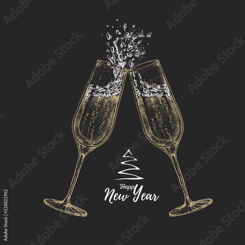 Vector illustration of hand drawing two clinking champagne glasses