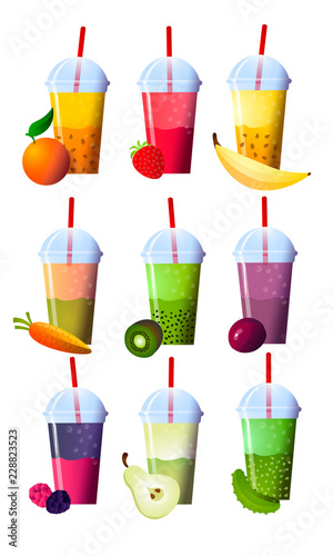 Set of smoothies in different cups. Superfoods and health or detox diet food concept in sketch style.
