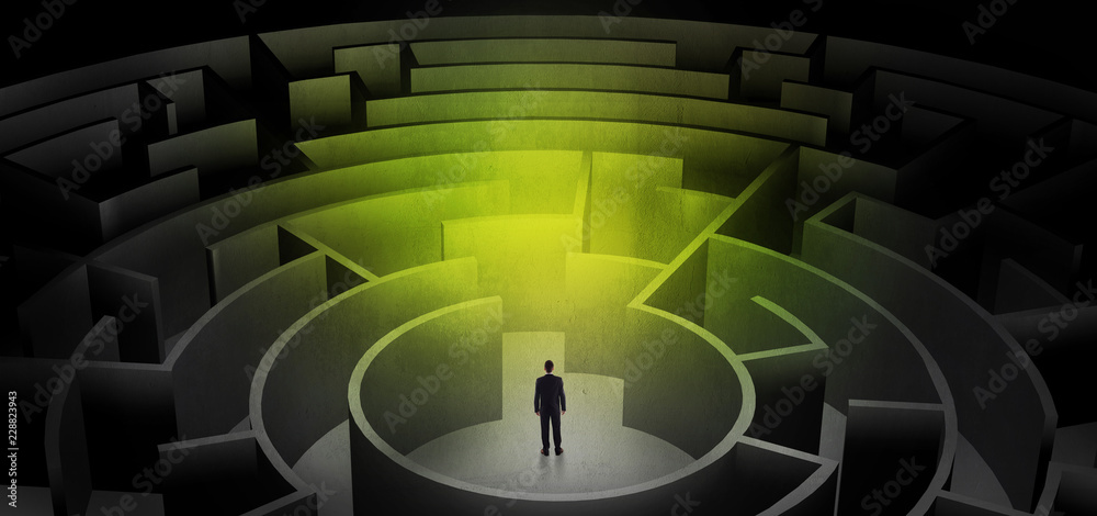 Businessman can not decide which entrance to chose in a middle of a dark maze
Businessman can not decide which entrance to chose in a middle of a dark maze