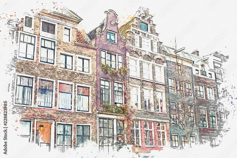 illustration or watercolor sketch. Traditional old architecture in Amsterdam. European architecture