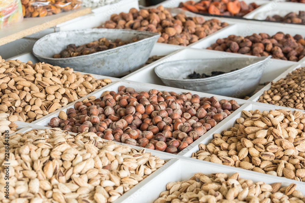 Dried fruits and nuts on local food market in Tashkent, Uzbekistan Dried fruits and nuts on local food market in Tashkent, Uzbekistan