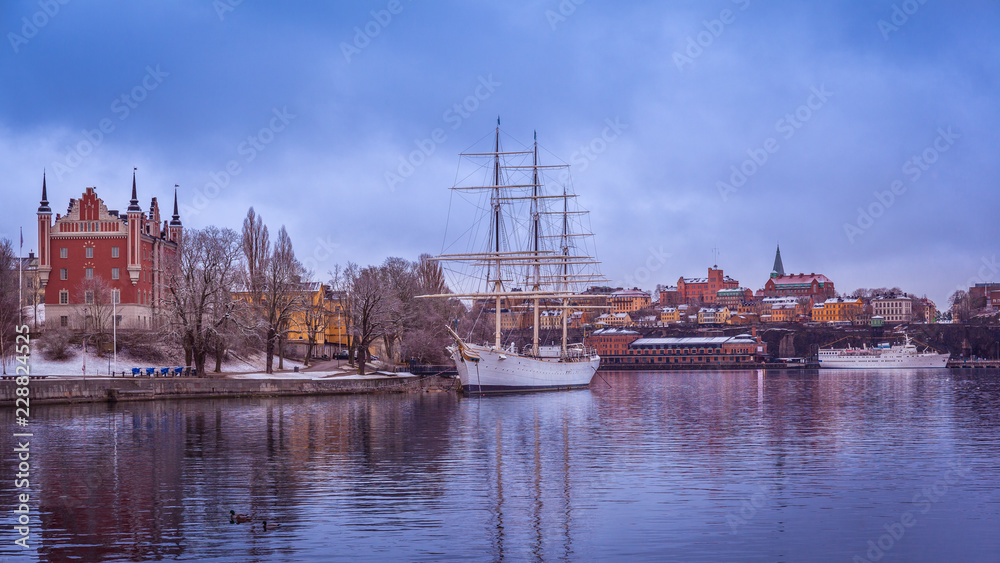 View of Stockhom with af Chapman, a steel ship now serving as youth hostel, Stckhol, Sweden