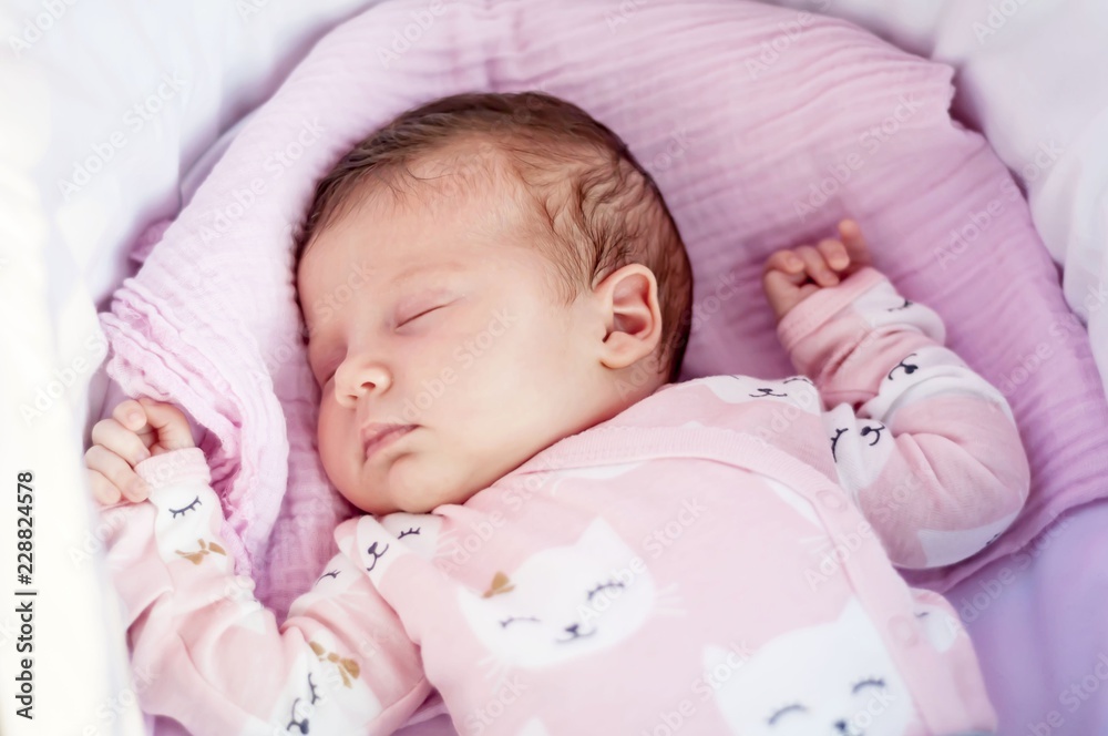 Sweet Caucasian newborn baby sleeping in the cradle or baby carriage. Baby sleep concept stock image. Sweet Caucasian newborn baby sleeping in the cradle or baby carriage. Baby sleep concept stock image.
