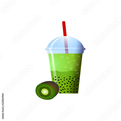 Kiwi smoothies in a cup. Superfoods and health or detox diet food concept in sketch style.
