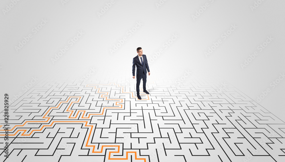 Young entrepreneur standing in a middle of a labyrinth with the solution
Young entrepreneur standing in a middle of a labyrinth with the solution