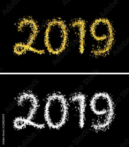 Beautiful shiny glossy text 2019 of crescent-shaped light gold particles