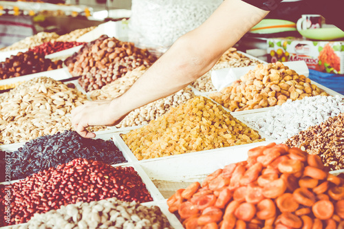 Dried fruits and nuts on local food market in Tashkent  Uzbekistan