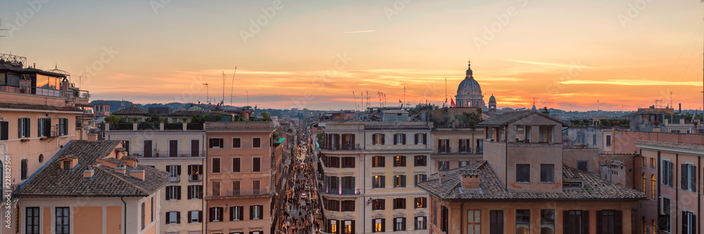 Panoramic view of Rome at sunset from the top of the Spanish Steps, Rome, Italy.