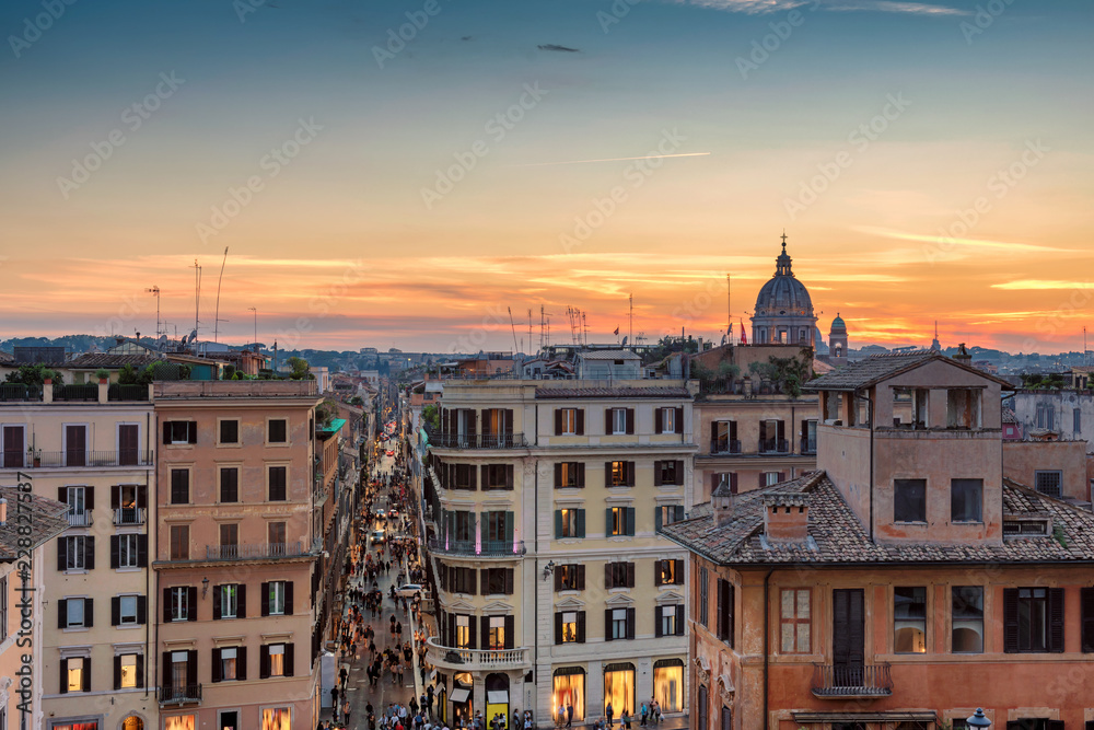 Sunset view across Rome from the top of the Spanish Steps, Rome, Italy.