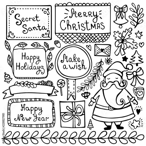 Set of cute hand drawn Christmas, New Year’s and winter’s doodle elements isolated on white background for bullet journal, diary, planner, greeting, invitation, card.