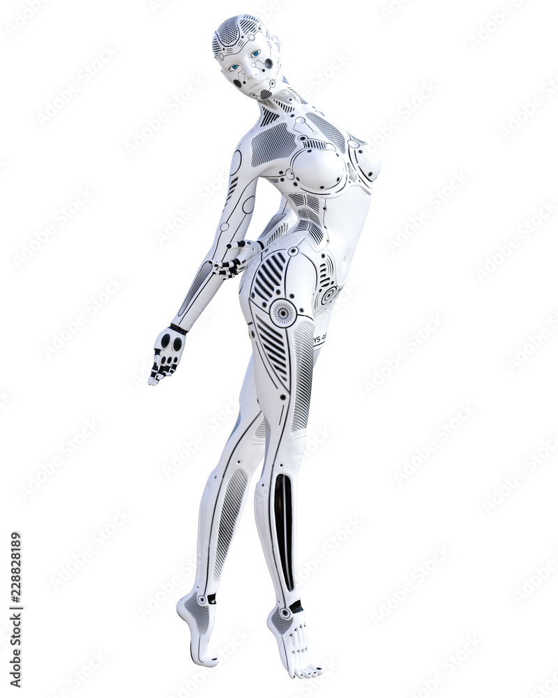 Dance robot woman. Metal droid. Artificial Intelligence. Conceptual fashion art. Realistic 3D render illustration. Studio, isolate, high key. Dance robot woman. Metal droid. Artificial Intelligence. Conceptual fashion art. Realistic 3D render illustration. Studio, isolate, high key.
