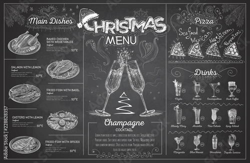 Vintage chalk drawing christmas menu design with champagne. Restaurant menu