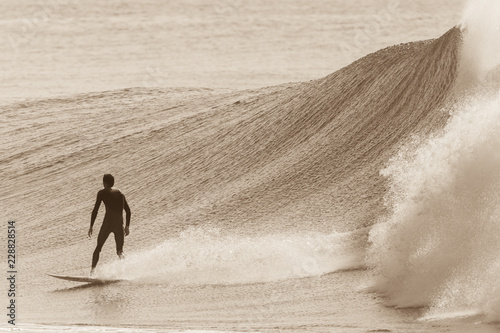 Surfer Rear View Surfing Sepia Wave Action