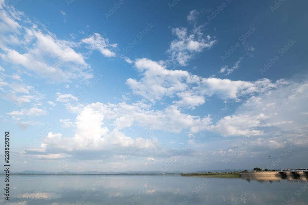 clouds and blue sky over the lake.
