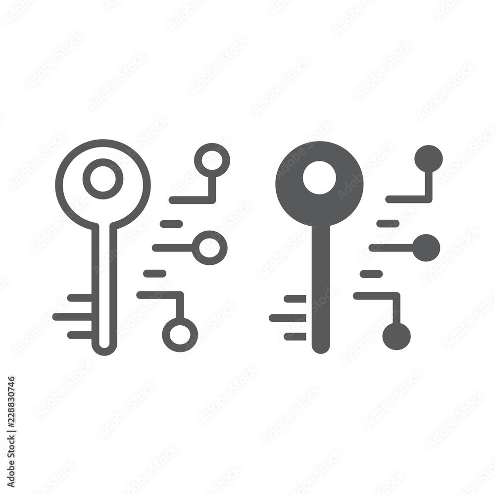 Digital key line and glyph icon, security and safety, key sign, vector graphics, a linear pattern on a white background. Digital key line and glyph icon, security and safety, key sign, vector graphics, a linear pattern on a white background.