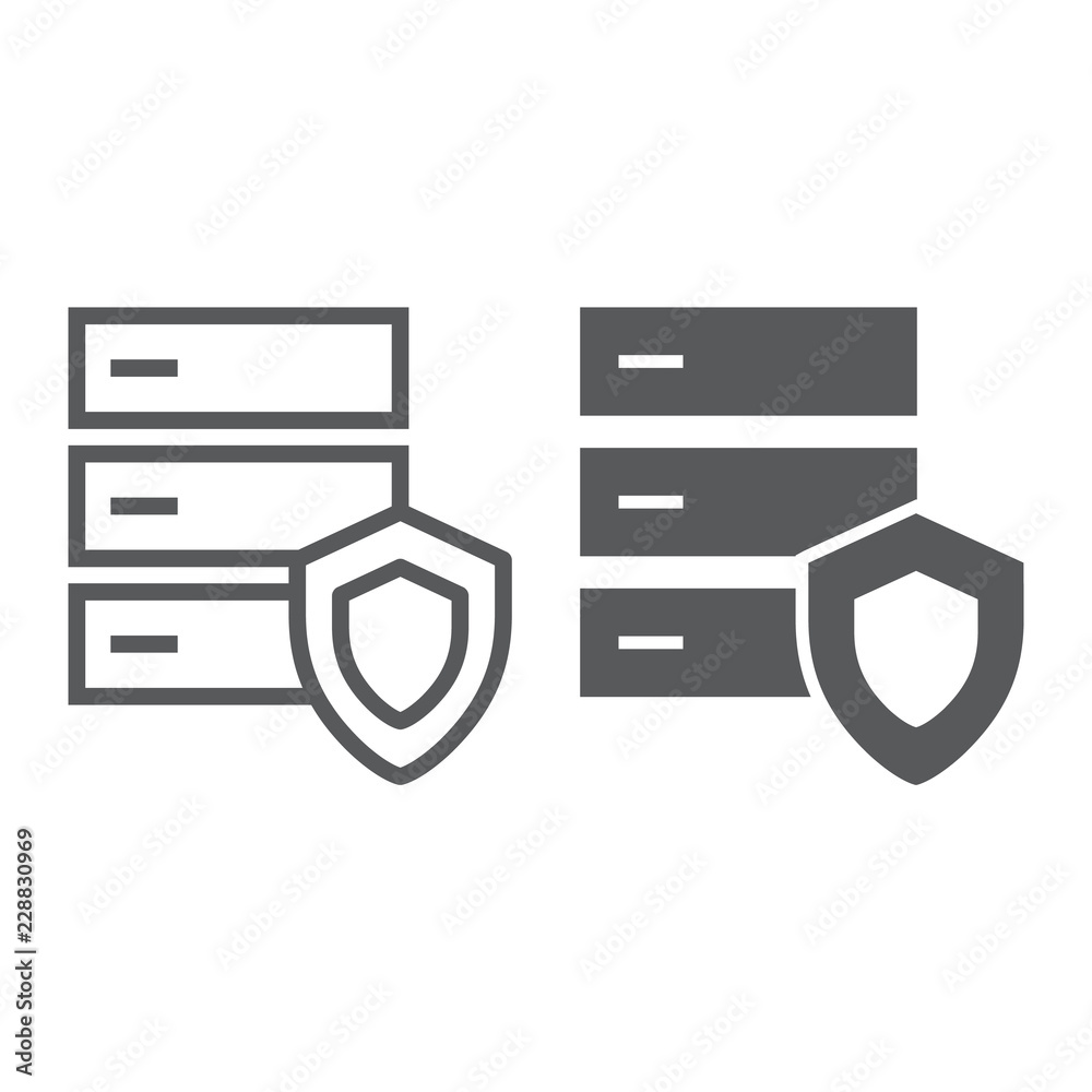 Database protection line and glyph icon, server and security, system sign, vector graphics, a linear pattern on a white background. Database protection line and glyph icon, server and security, system sign, vector graphics, a linear pattern on a white background.