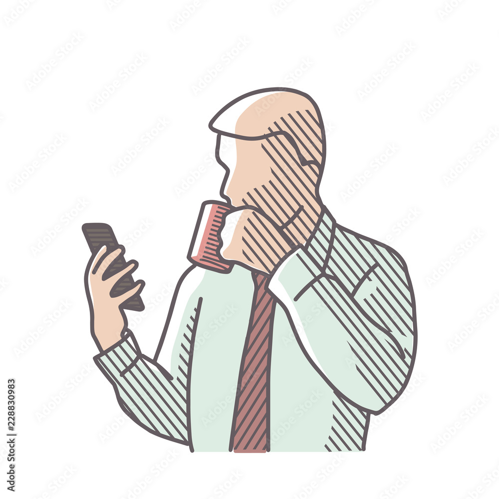 Man with a cup of coffee reads smartphone. Vector illustration Man with a cup of coffee reads smartphone. Vector illustration