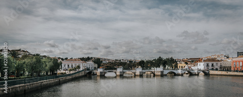Panorama of an old bridge of an antique city in Europe. Tavira Portugal