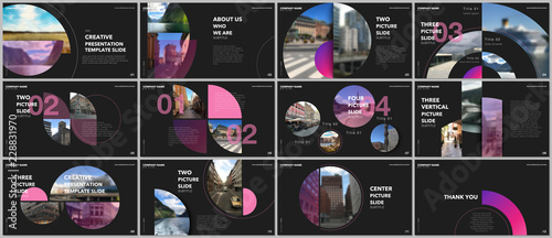 Minimal presentations design, portfolio vector templates with circle elements on black background. Multipurpose template for presentation slide, flyer leaflet, brochure cover, report, advertising.