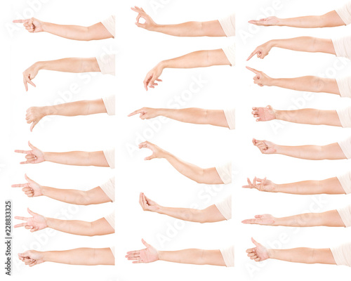Multiple male hand gestures isolated over the white background, set of multiple images. Pointing. Touching.