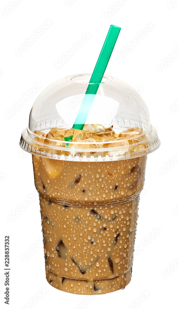 Iced latte or coffee in togo or takeaway cup isolated on white background. Including clipping path. Iced latte or coffee in togo or takeaway cup isolated on white background. Including clipping path.