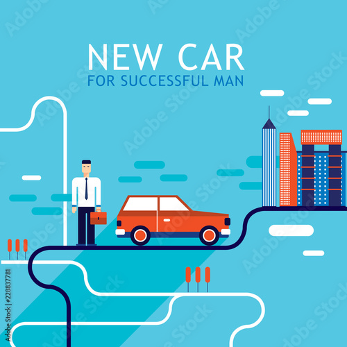 Happy successful businessman stands beside new car on cityscape background Vector illustration