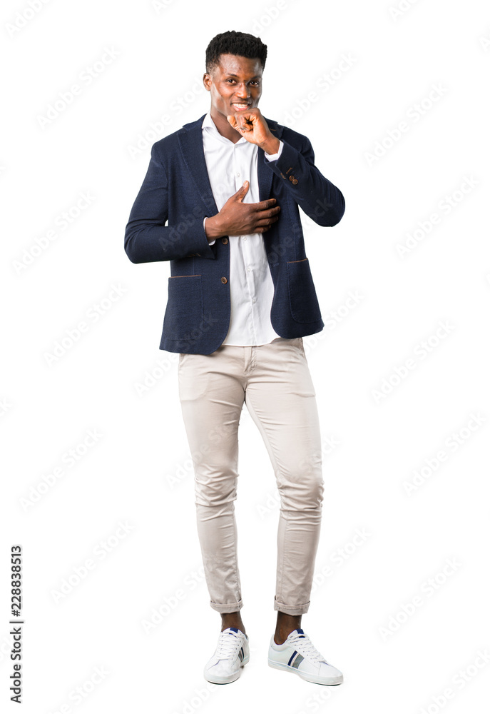 Full body of Handsome african american man wearing a jacket is suffering with cough and feeling bad on white background Full body of Handsome african american man wearing a jacket is suffering with cough and feeling bad on white background