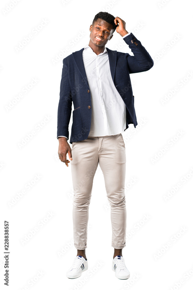Full body of Handsome african american man wearing a jacket with an expression of frustration and not understanding. Confused gesturing on white background Full body of Handsome african american man wearing a jacket with an expression of frustration and not understanding. Confused gesturing on white background