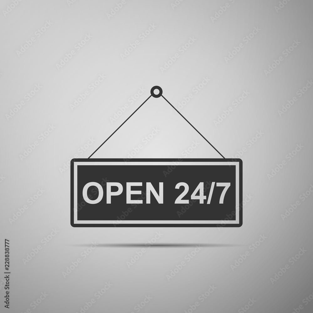 Hanging sign with text Open 24-7 hours icon isolated on grey background. Business theme for cafe or restaurant, club and bar. Flat design. Vector Illustration Hanging sign with text Open 24-7 hours icon isolated on grey background. Business theme for cafe or restaurant, club and bar. Flat design. Vector Illustration