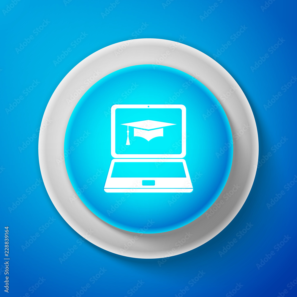 White Graduation cap and laptop icon. Online learning or e-learning concept icon isolated on blue background. Circle blue button with white line. Vector Illustration White Graduation cap and laptop icon. Online learning or e-learning concept icon isolated on blue background. Circle blue button with white line. Vector Illustration