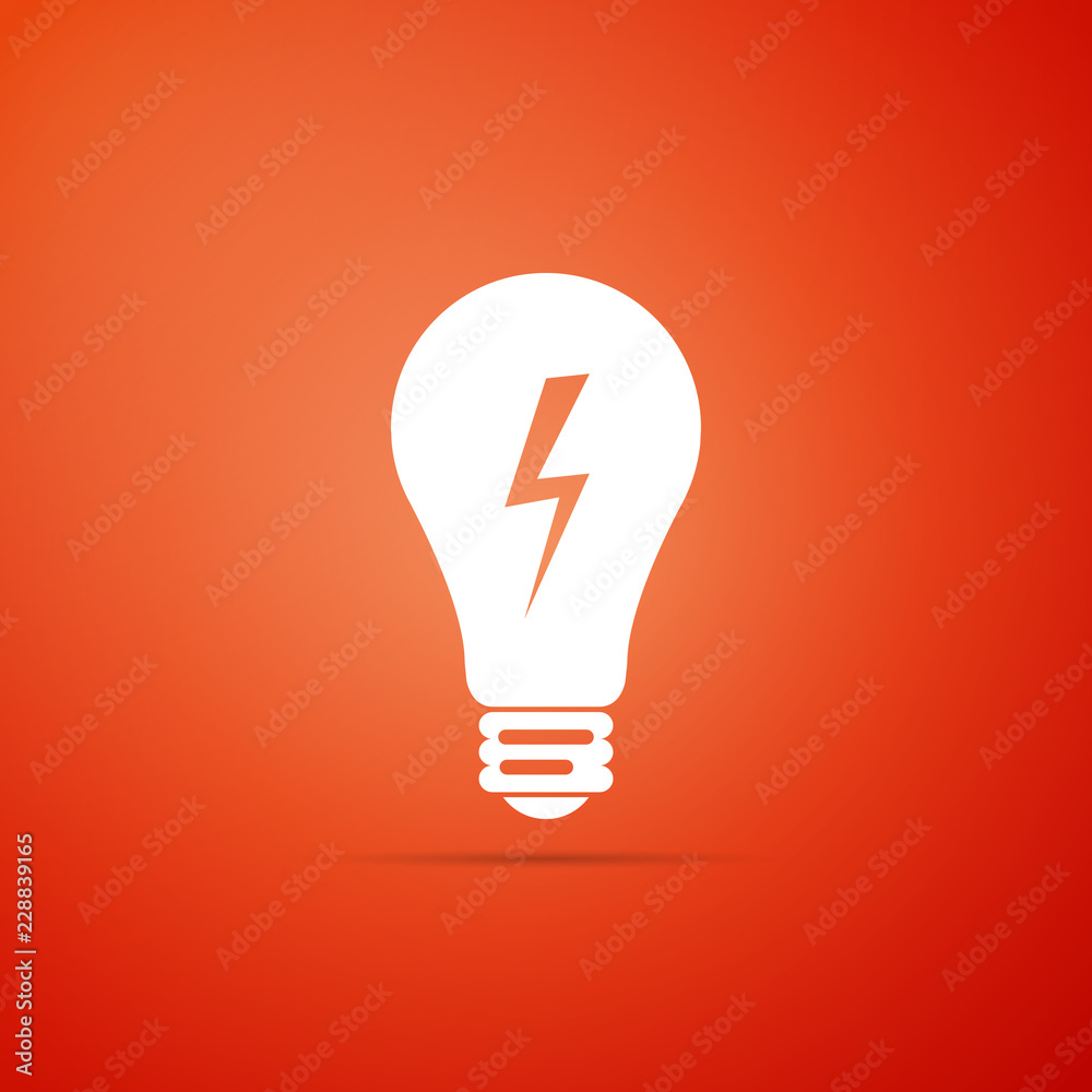 Light lamp sign. Bulb with lightning symbol icon isolated on orange background. Idea symbol. Flat design. Vector Illustration Light lamp sign. Bulb with lightning symbol icon isolated on orange background. Idea symbol. Flat design. Vector Illustration