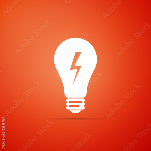 Light lamp sign. Bulb with lightning symbol icon isolated on orange background. Idea symbol. Flat design. Vector Illustration