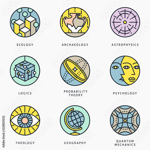 Illustrations and logo templates of science areas. Ecology, Archaeology, Astrophysics, Logic, Theology, Psychology, Quantum Physics, Geography, Probability theory. Detailed vector icons set.