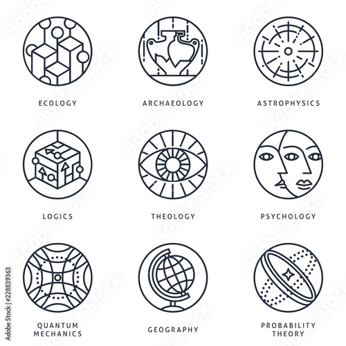 Illustrations and logo templates of science areas. Ecology, Archaeology, Astrophysics, Logic, Theology, Psychology, Quantum Physics, Geography, Probability theory. Detailed vector icons set.