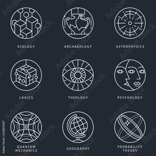 Illustrations and logo templates of science areas. Ecology, Archaeology, Astrophysics, Logic, Theology, Psychology, Quantum Physics, Geography, Probability theory. Detailed vector icons set.