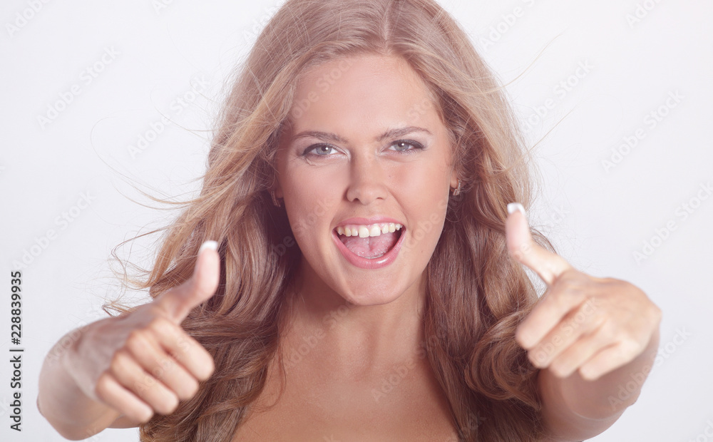 Woman close-up with make-up shows class gesture