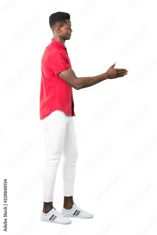 Full body of Young african american man handshaking after good deal on white background Full body of Young african american man handshaking after good deal on white background