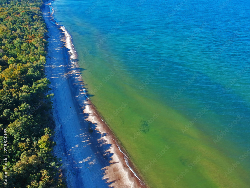 Aerial view on landscape with sea, sand beach and green forest.