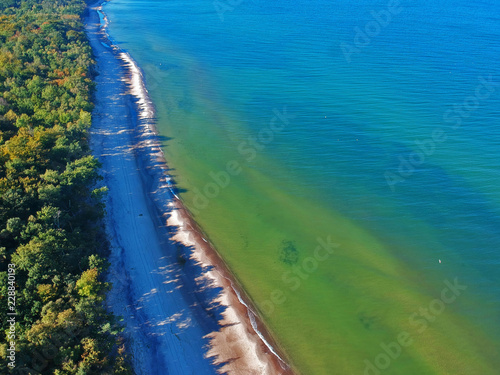 Aerial view on landscape with sea, sand beach and green forest.